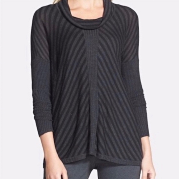 Eileen Fisher Black Gray Striped Cowl Neck Lightweight Sweater Boxy Oversized - Picture 4 of 9